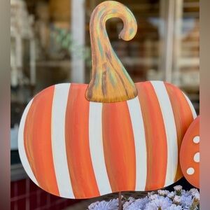 Halloween Orange and White Stripe Pumpkin Metal Stake